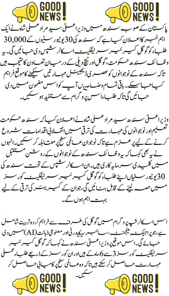 30,000 Scholarships for Sindh Students Offered Through Google Career Certificates