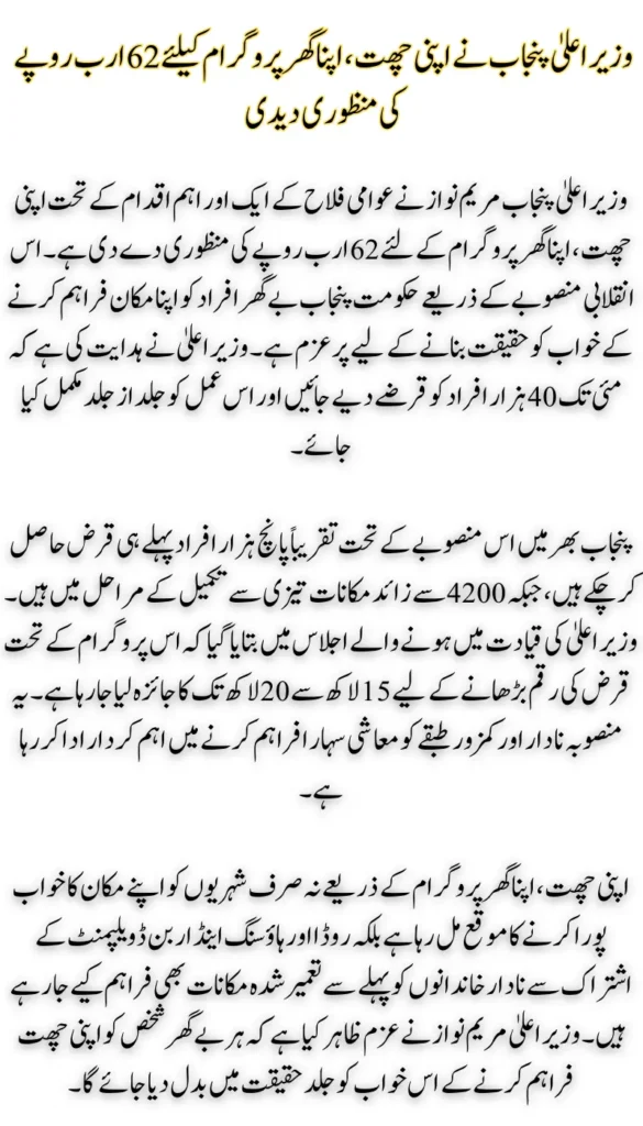 Chief Minister Allocates Rs. 62B for CM Apni Chhat Apna Ghar Housing Initiative in Punjab