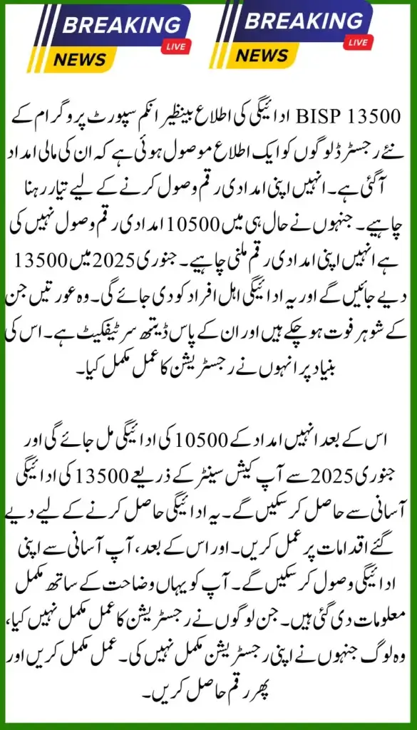 BISP 13500 Payment Notifications Get Going for Newly Registered Beneficiaries